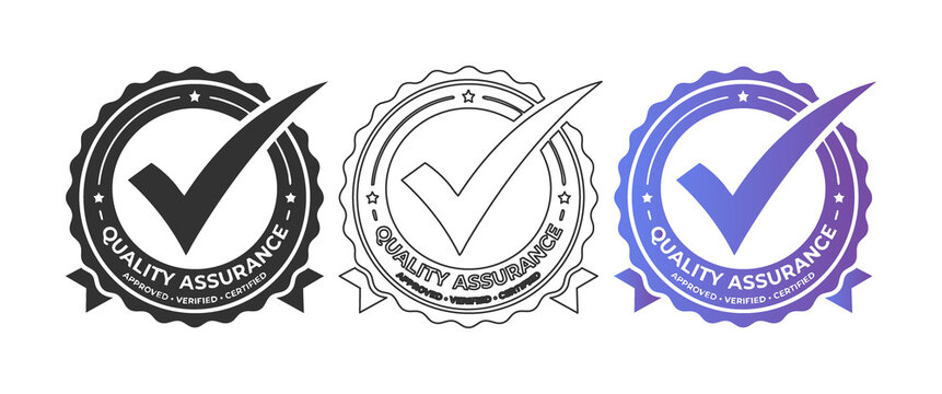 Quality assurance badges: approved and certified checkmark stamps in various styles