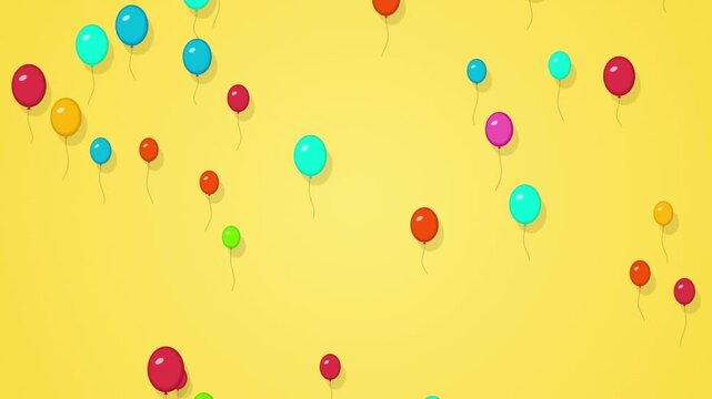 Colorful balloons floating upward against vibrant yellow background with smooth animation style.