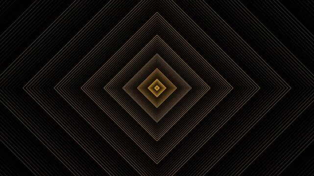 Hypnotic geometric tunnel effect with golden square lines moving in infinite deep space.