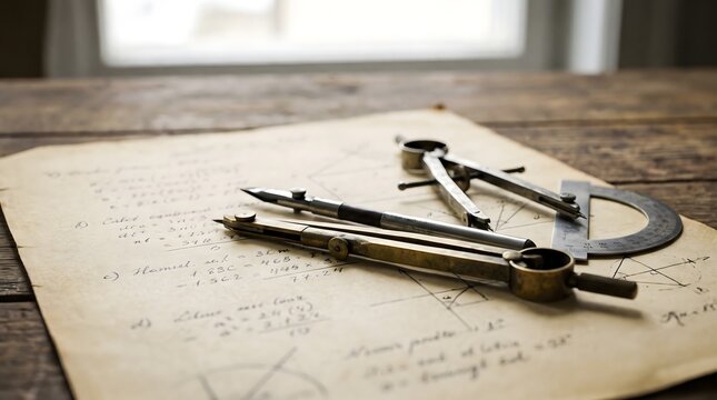 Vintage brass compasses and a protractor resting on aged parchment with handwritten mathematical calculations.