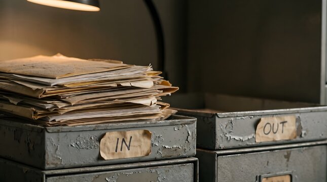 Vintage grey metal in and out desk trays overflowing with old paperwork under warm lamp light.