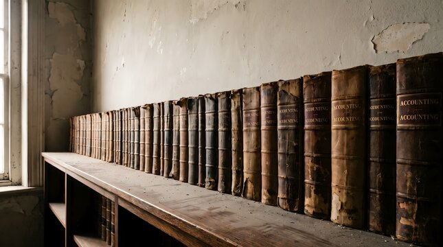 Row of dusty vintage leather accounting ledgers on a wooden shelf in an abandoned archive with peeling paint.