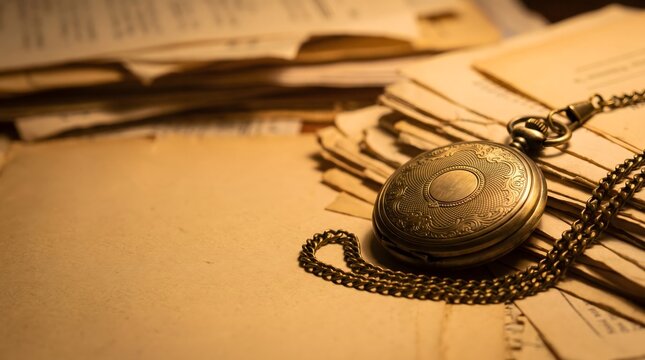 Antique brass pocket watch with chain resting on a stack of old vintage letters under warm light.