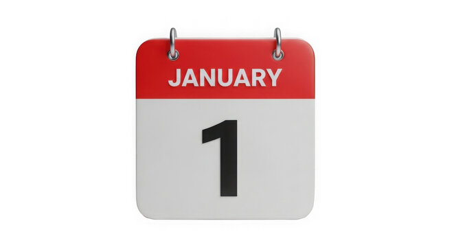 New Year's Day calendar icon with January 1st date. Isolated 3D red and white monthly planner cutout for fresh starts.