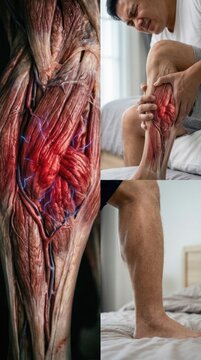 Acute muscle contraction: painful cramp, severe spasm, tight calf, sharp ache, physical strain, body discomfort, sudden twitch, tissue stiffness, deep soreness, heavy fatigue.