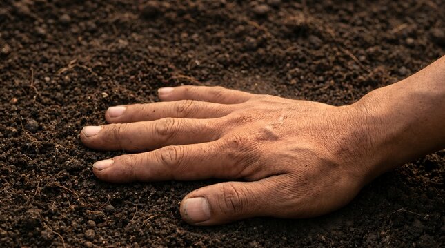 Human hand touching fertile soil in a garden for agriculture concept