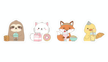Obraz premium Set of four adorable cartoon animal stickers enjoying delicious snacks, sweet treats, and drinks.