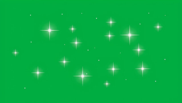 White sparkling stars on green screen background for chroma key video editing effects.
