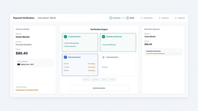 Digital payment verification interface displaying identity confirmation progress with automated security steps for secure online financial transactions and merchant approval systems