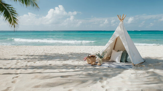 White teepee tent on tropical beach for luxury picnic setup and summer vacation travel