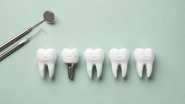 Dental implant model with teeth and medical tools for oral health and restoration concept