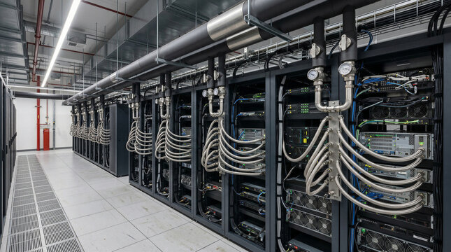 Liquid cooling system installed in modern data center server rack. Industrial pipeline circuit for high density computing and artificial intelligence hardware. Infrastructure maintenance.