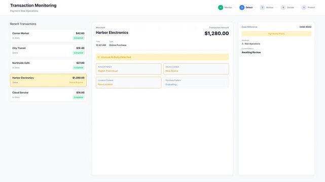 Digital user interface showing a financial transaction monitoring dashboard with suspicious activity flags for cybersecurity and banking software risk analysis