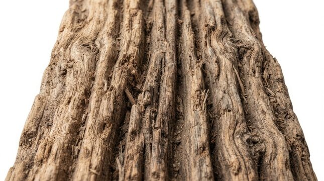 Closeup of weathered, textured piece of old driftwood isolated on white background