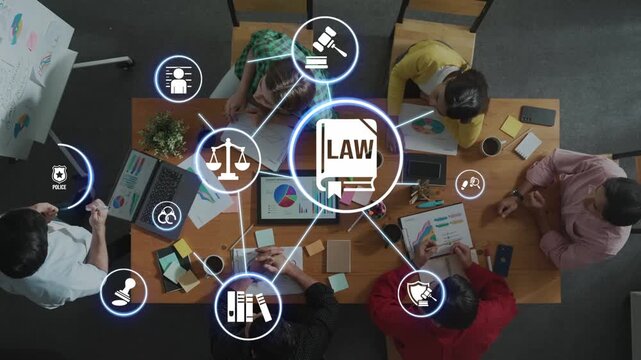 Law icons illustrate justice, court, and regulation system. Law represents fairness, law supports police, and law connects with rules, rights, and enforcement. Funnel