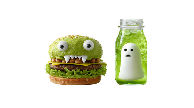 Halloween burger monster and ghost drink bottle