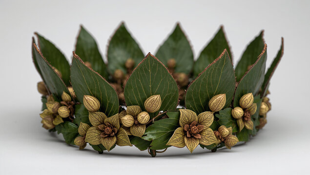 Crown made of green leaves and small gold berries with accessory decorative botanical headpiece ornament handmade woodland detailed minimalist isolated background photography elements