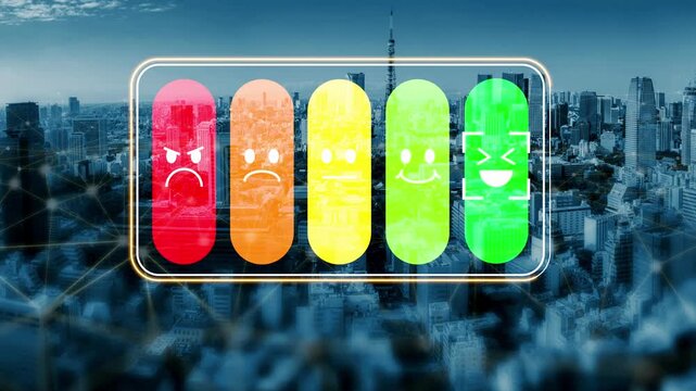 Colorful Emotion Scale Display Overlaying City Skyline with Buildings and Network Elements in Background Representing Feelings and Sentiments in Urban Environment Gluon.