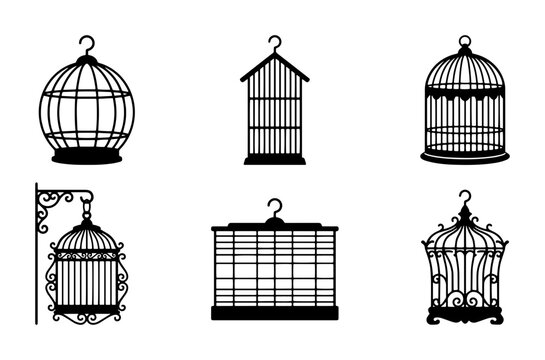 70 Vintage Bird Cages Vector Set, Ornate and Classic Designs, Decorative Aviary Silhouettes for Graphic Resources 100
