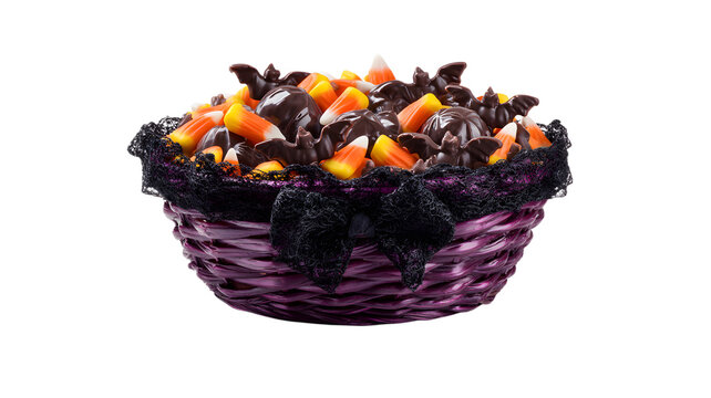 Purple basket with halloween candy and lace trim