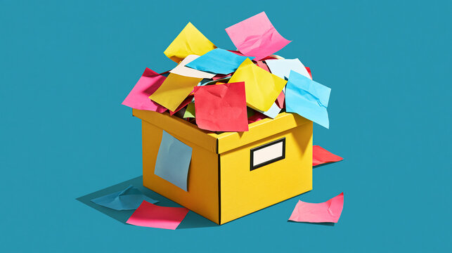 Yellow box overflowing with colorful sticky notes on blue background. Conceptual image for task management.