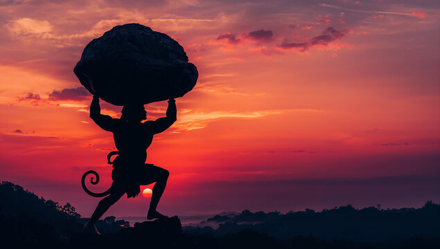 Silhouette of monkey god lord hanuman carrying mountain at sunset with silhouette mountain mythology religious hinduism strength spirituality tradition ramayana devotion character carrying