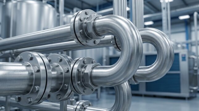 Stainless steel pipes and valves in a food production facility with tanks and measuring instruments.