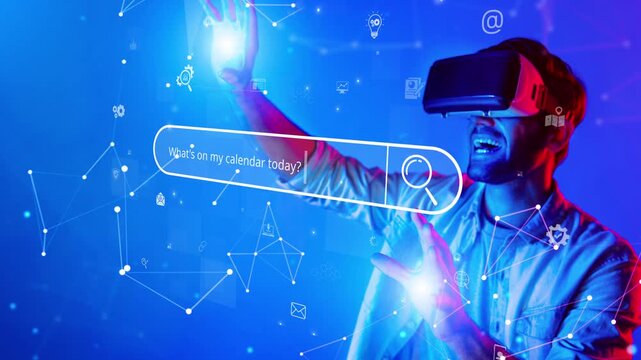 A man immersed in a virtual reality experience reaches out within a vibrant blue neon environment, exploring new realms of technology and digital interaction. Raster