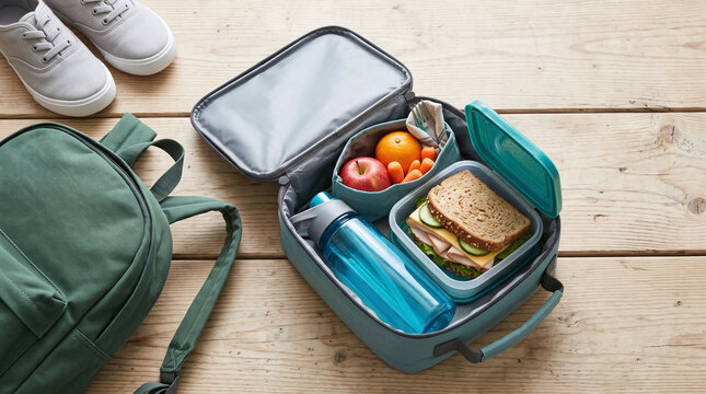 Open lunch bag with sandwich, fruit and water bottle