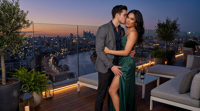 Elegant young couple in evening wear embracing on a luxury rooftop terrace overlooking London skyline and Thames River at twilight for high end lifestyle and romantic holiday travel concepts