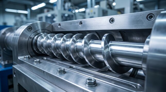 Metal spiral screw shaft used in plastic extrusion technology for manufacturing industrial products.