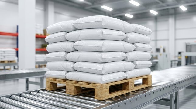 Large white plastic bags for packaging and delivery sit on a wooden pallet in a distribution center.
