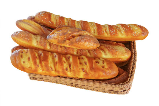 tasty mixed bread on rectangle basket isolated on white.
