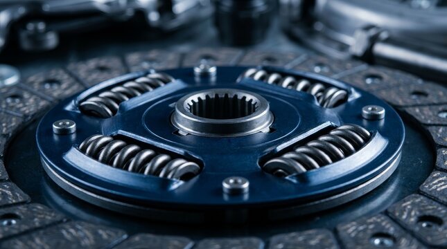 New car clutch disc with heavy duty pressure springs on a dark blue background.