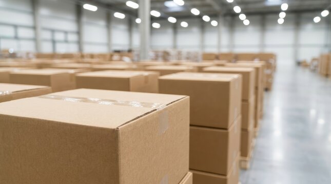 Storage and logistics delivery concept background featuring stacked cardboard boxes.