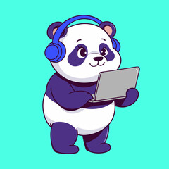 Cute Panda Wearing Headphones and Using Laptop – Adorable Cartoon Vector Illustration © Uzair Ali