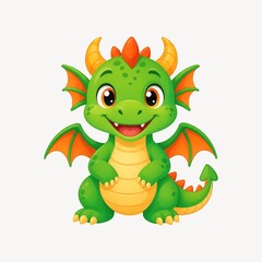 Fototapeta premium Cute cartoon green dragon with orange wings and horns, smiling.