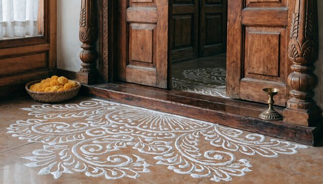 Traditional Rangoli Design Outside Wooden Doorway With Decorative Elements