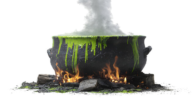 Cauldron with green potion and smoke on fire