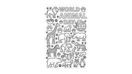 Obraz premium World Animal Day Vector Illustration with Various Wildlife Line Art Icons and Conservation Theme