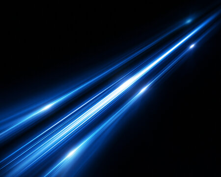 Fast blue and white light trails cross a dark abstract background, creating a sleek visual representation of acceleration. Soft illumination and motion blur add energy.