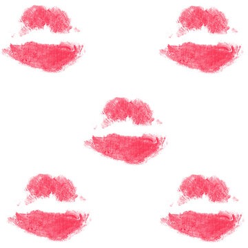 Red Lipstick Kiss Prints in Quincunx Pattern &mdash; Five Textured Brushstroke Lip Marks on White Background, Artistic Romantic Beauty and Valentine Print

