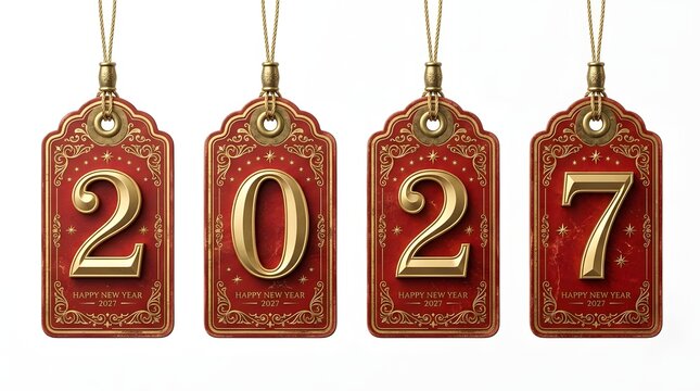 Four red and gold vintage christmas price tags hanging displaying 2027 with christmas, shopping