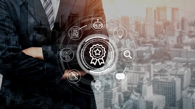 Businessman Overlooking City with Innovation Icons, Technology, and Success Symbols Representing Digital Transformation and Future Growth. Entropy.