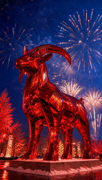 Shiny red goat sculpture standing in public square during New Year celebration. Festive fireworks exploding in night sky above urban winter park. Symbol of year 2027 zodiac animal statue.