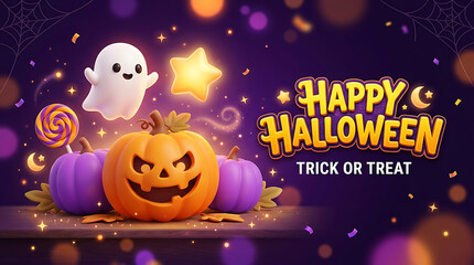 Fototapeta premium Happy Halloween spooky pumpkins and ghost with stars and lollipop on purple background