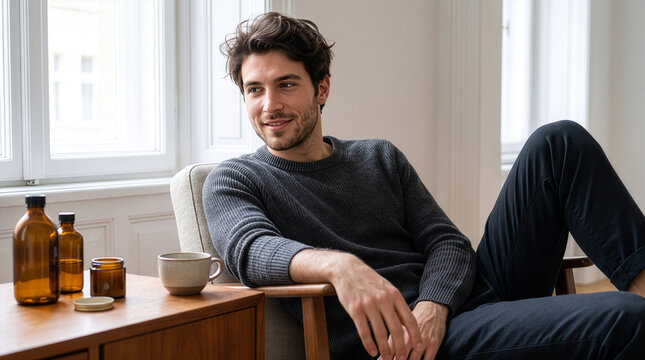 Young Italian Man Sitting by Window with Morning Coffee After Skincare