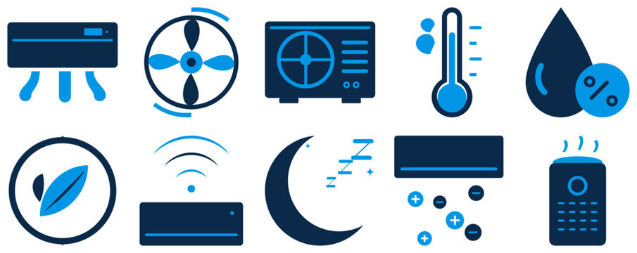 Air conditioner controls and settings interface icons. Ac unit dashboard, ventilation fan, humidity drop, remote, wifi connection, cool breeze, sleep mode. HVAC system symbols for web design.