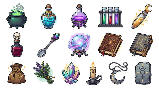 Whimsical magic witchcraft elements with colorful potions and mystical objects