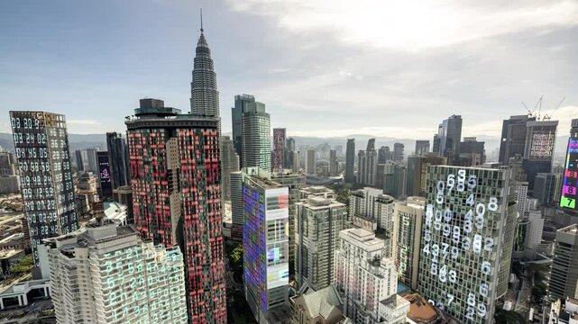 kuala lumpur cyberpunk city with overlayed code and data on the buildings